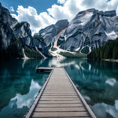 Wooden pier by a mountain lake