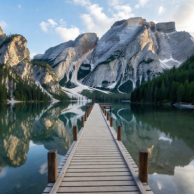 Mountains and lake reflect in morning light