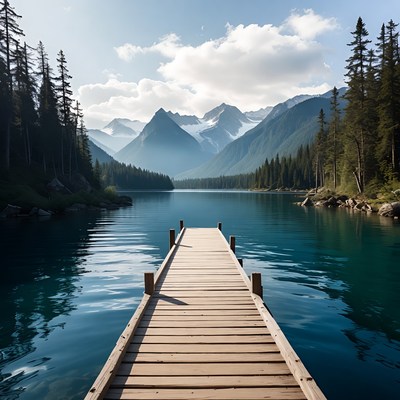 Wooden dock on clear lake in mountains