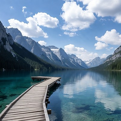Mountain lake with wooden dock and clear water