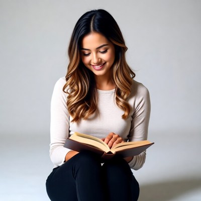 Woman reading book indoors in soft light