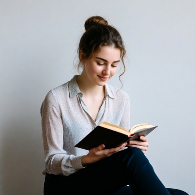 Young woman reading a book indoors