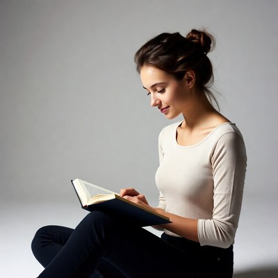 Young woman reading a book indoors