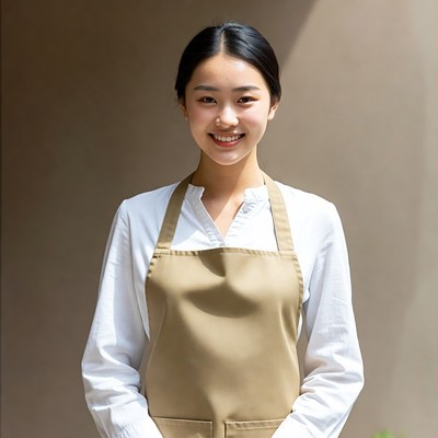 Woman in apron stands by wall