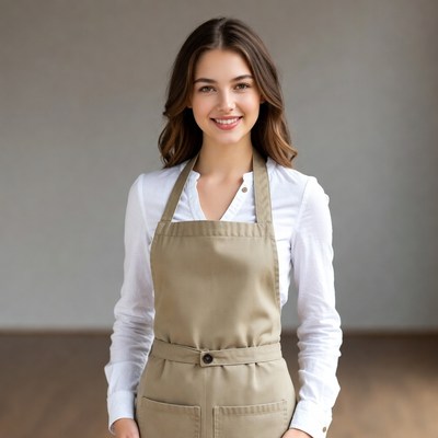 Woman in apron stands smiling indoors