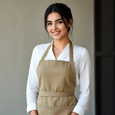 Young woman wears apron and smiles