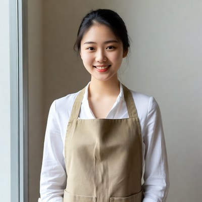 Smiling young woman in apron standing indoors