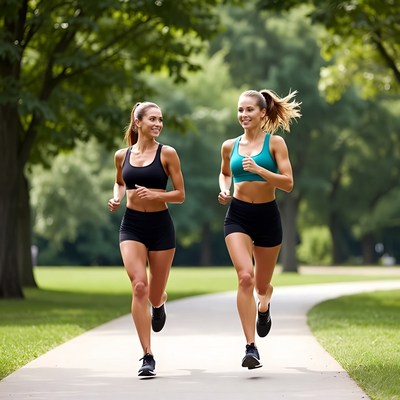 Women run in park on sunny day