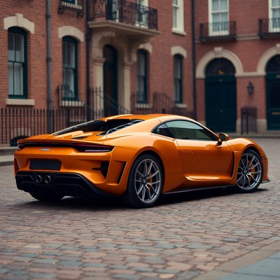 Orange sports car on cobblestone street