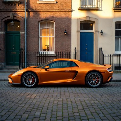 Orange sports car on city street