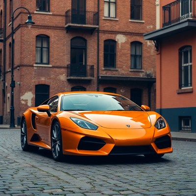 Orange car parked on cobblestone street