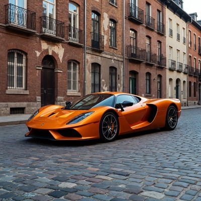 Orange car parked in city street