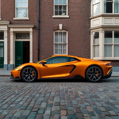 Bright orange car on cobblestone street
