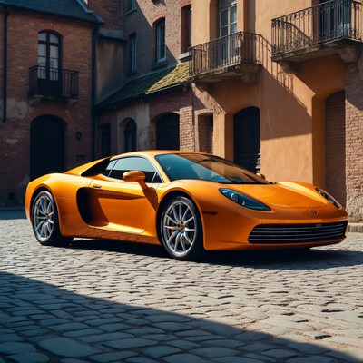 Bright orange sports car on cobblestone street