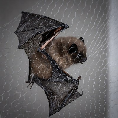 Bat caught in web near wall