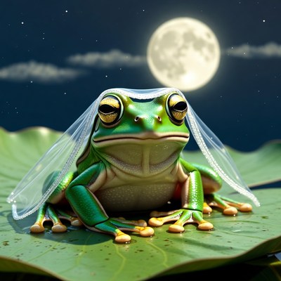 Frog wearing veil under moonlight