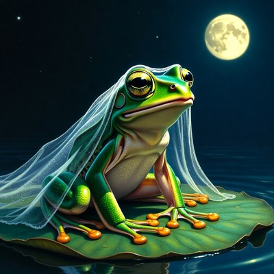 Frog on a lily pad with veil at night