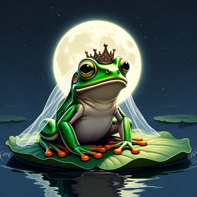 Frog wearing crown and veil at night