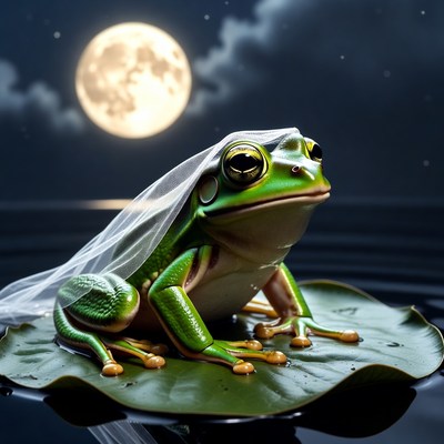 Frog in wedding veil on lily pad