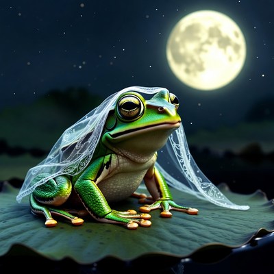 Frog in wedding veil at night