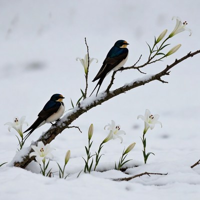 Birds on a snowy branch with flowers