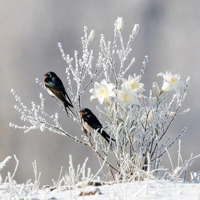 Birds on frosty branches with flowers