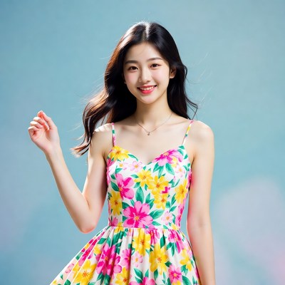 Young woman in colorful dress