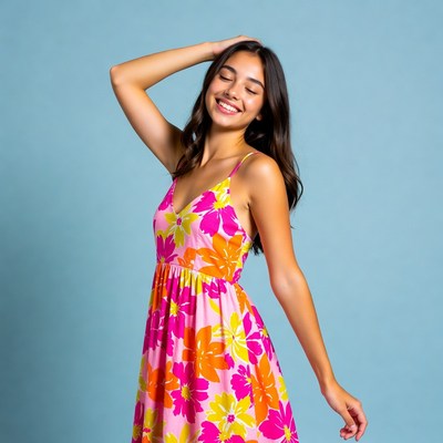 Woman in floral dress posing indoors