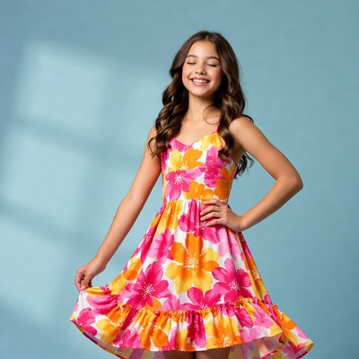 Girl in summer dress poses in studio