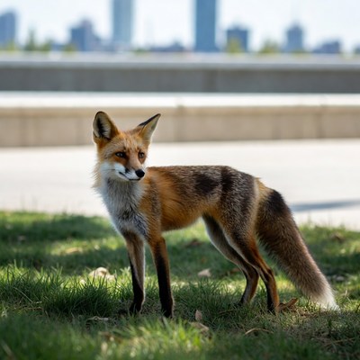 Fox stands in urban park setting