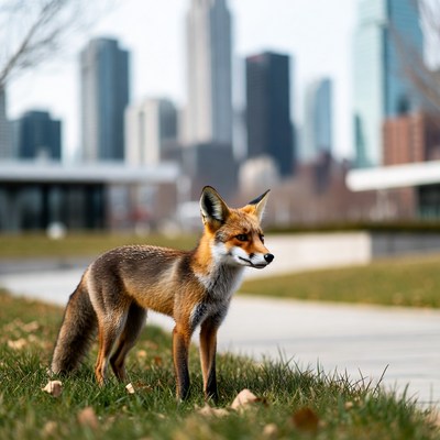 Fox in city park near skyscrapers