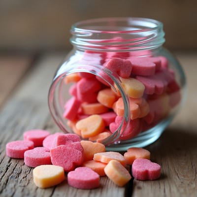 Candy hearts spill from jar