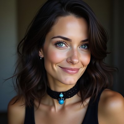 Woman with blue choker smiling