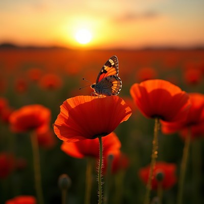 Butterfly on poppy flower at sunset