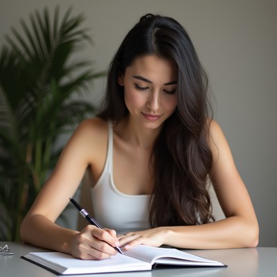 Writing in a notebook at home