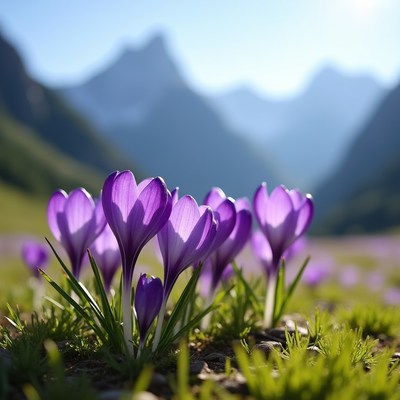 Crocuses blooming in mountain valley