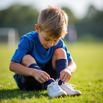 Boy ties shoes on soccer field