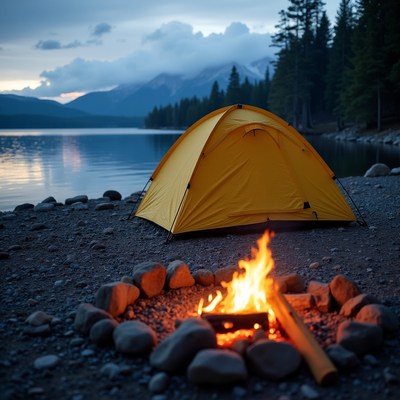 Camping by the lake at dusk
