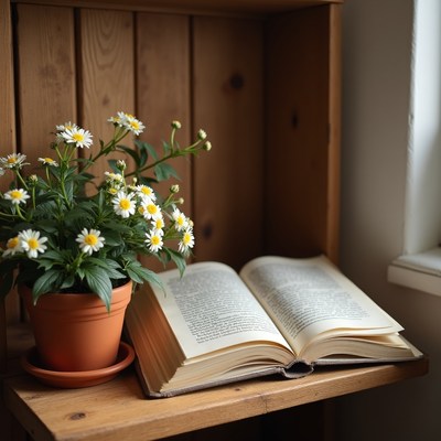 Open book with flowers on shelf