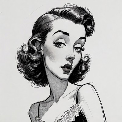 Vintage woman with curls in sketch