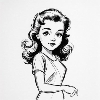 Girl with curly hair in sketch