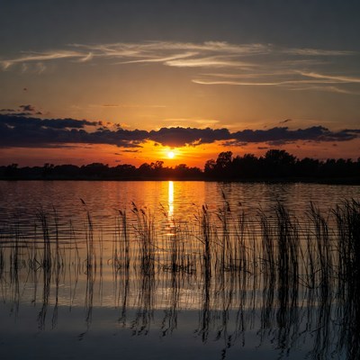 Sunset over a calm lake