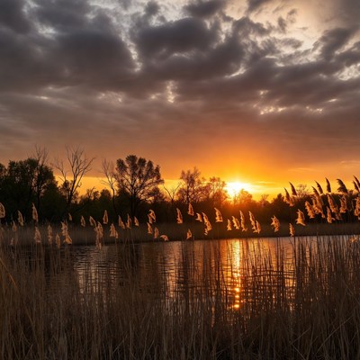 Sunset over the calm riverbank