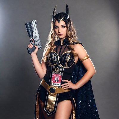 Woman in costume with weapon at event