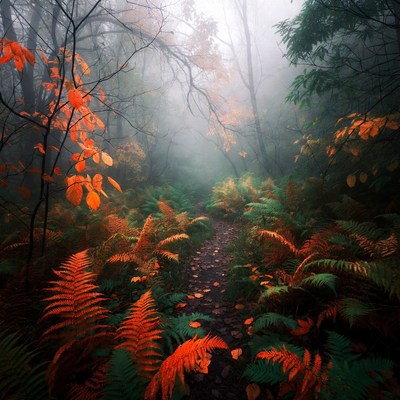 Foggy forest path with ferns and leaves