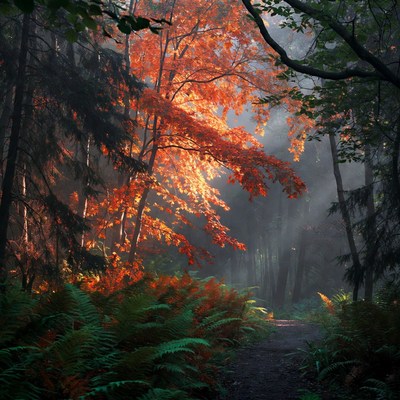 Autumn leaves in foggy forest path