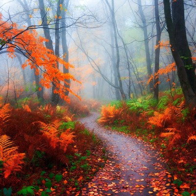 Path through foggy autumn forest