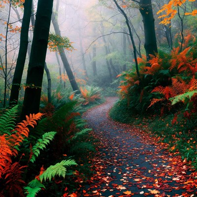 Trail through foggy autumn forest