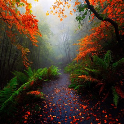 Path through foggy autumn forest
