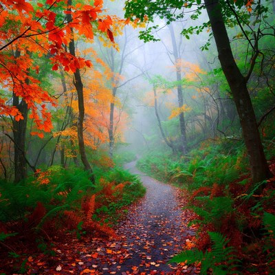 Colorful autumn path in fog